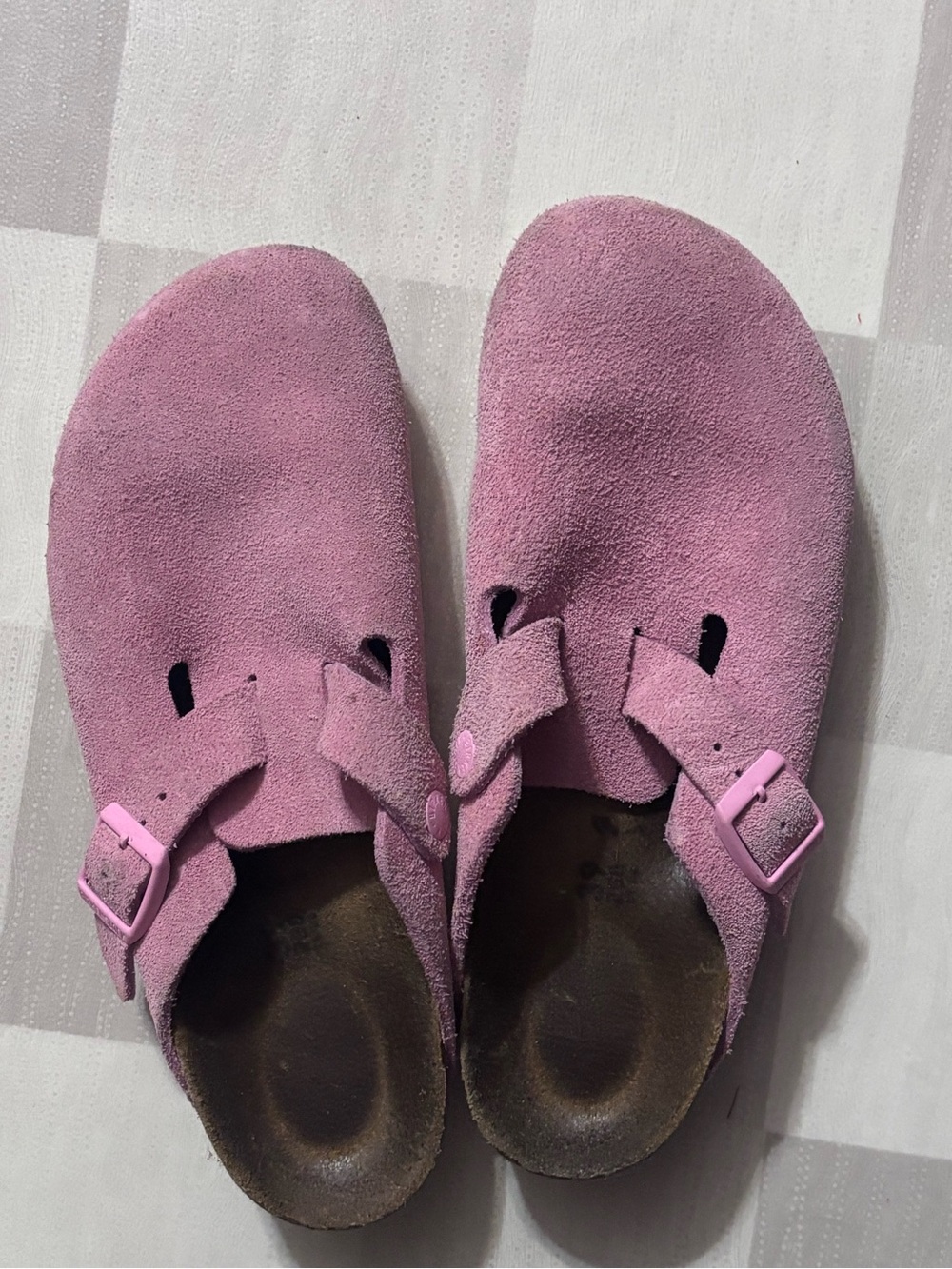 Birkenstocks. Pink Suede Slip-On Buckle Clogs Size 39